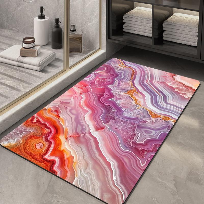 Pink Purple Agate Fluid Bath Mat Vibrant Mineral Swirl Pattern Non-Slip Quick Dry Floor Rug