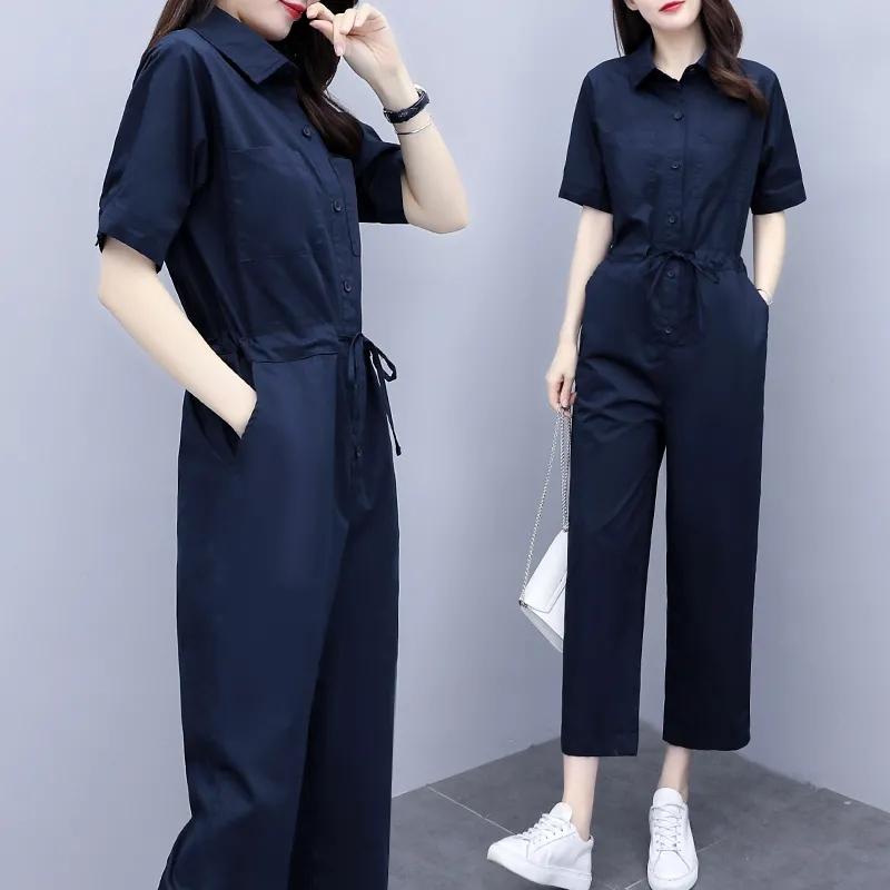 Summer Rompers Ice Silk Korean High-Waist Short-Sleeved Jumpsuit with Waist Fashion Casual Suit Jumpsuit Streetwear Lady