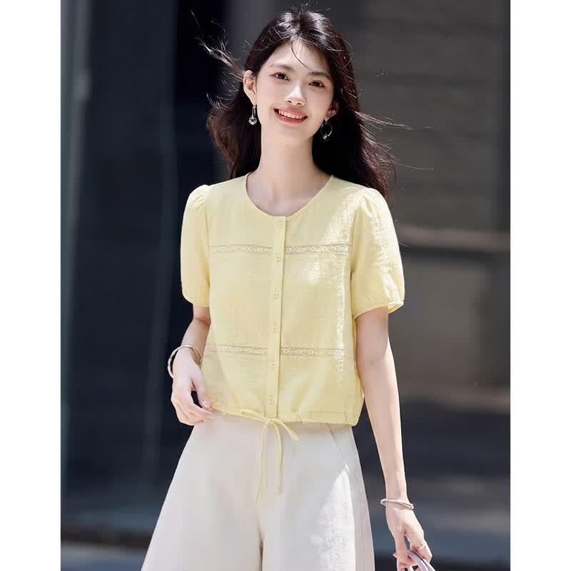 Shangjing French Elegant Lace Short Sleeve Blouse L