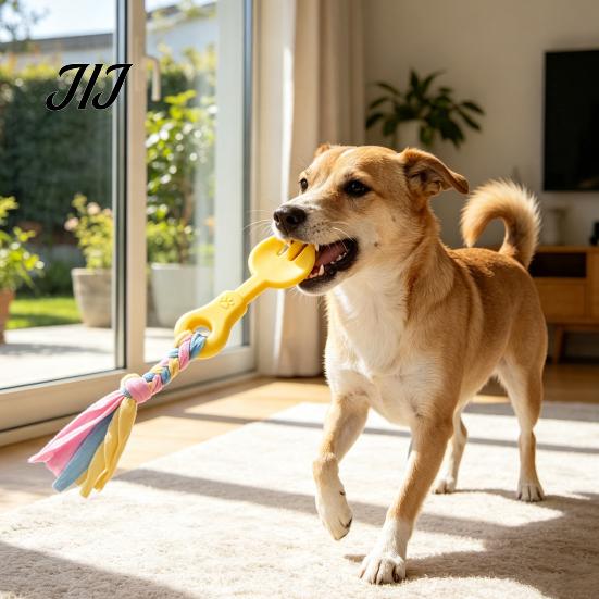 Pet Exercise And Bonding Toys Molar Teeth Cleaning Fork Toy, Durable Woven Rope Training Macaron for Dogs Colors Interactive TPR Chew Toy Gum Massage
