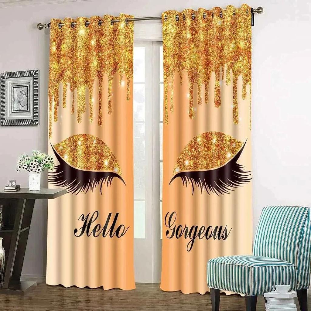 3D Pink Blue Yellow Eyelash Eyes Thin Shading Curtain for Living Room 2Pieces Kids Bedroom Children WindowsBathroom Decor Hooks for daily use
