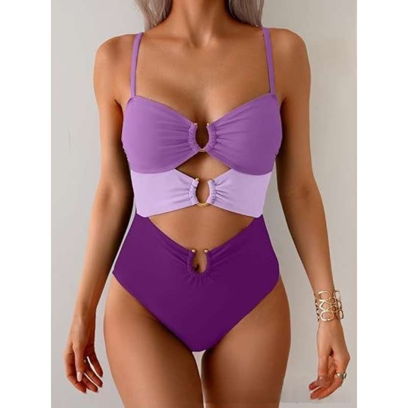European and American swimsuit women's sexy splicing metal buckle hollow one-piece swimsuit hot spring vacation swimsuit women