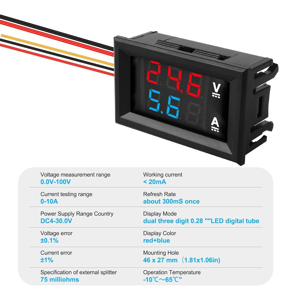 0.28" Volt Meter, DC 0-100V 10A Digital Voltmeter Ammeter Dual 3 Bits LED Display with Connect Wires Mini Ammeter Voltmeter for Electronic Circuit