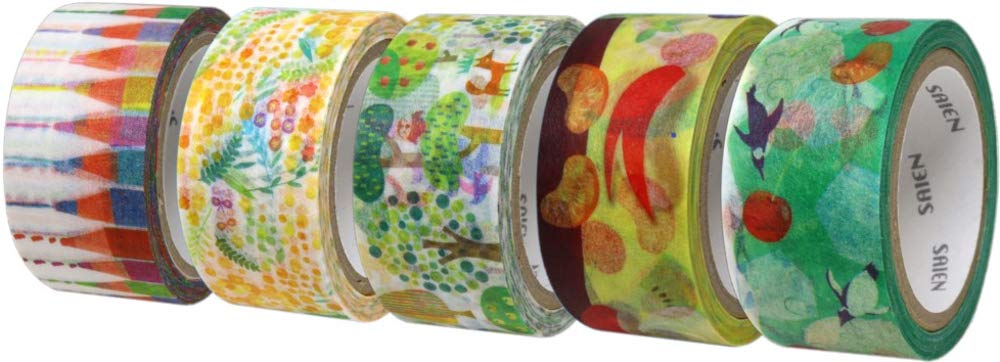 

Kamiiso Japanese Washi Masking SAIEN Set Colored Mimosa Cream Pudding A La 20mm Wide x 7m Design Tape, Original, 5-Roll (Forest, Pencils, Tree, Soda,