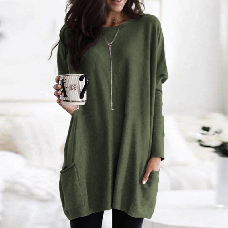 New Autumn Long Sleeved Casual Pocket T-shirt Top for Women's Clothing