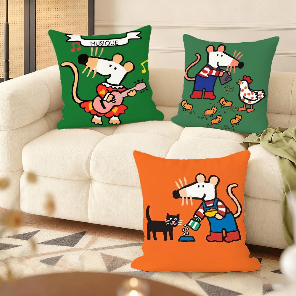 Cute Bobo the Mouse Cushion Cover Natural Linen Organic Fabric DoubleSided Printing Couch Pillow Covers Home Decor
