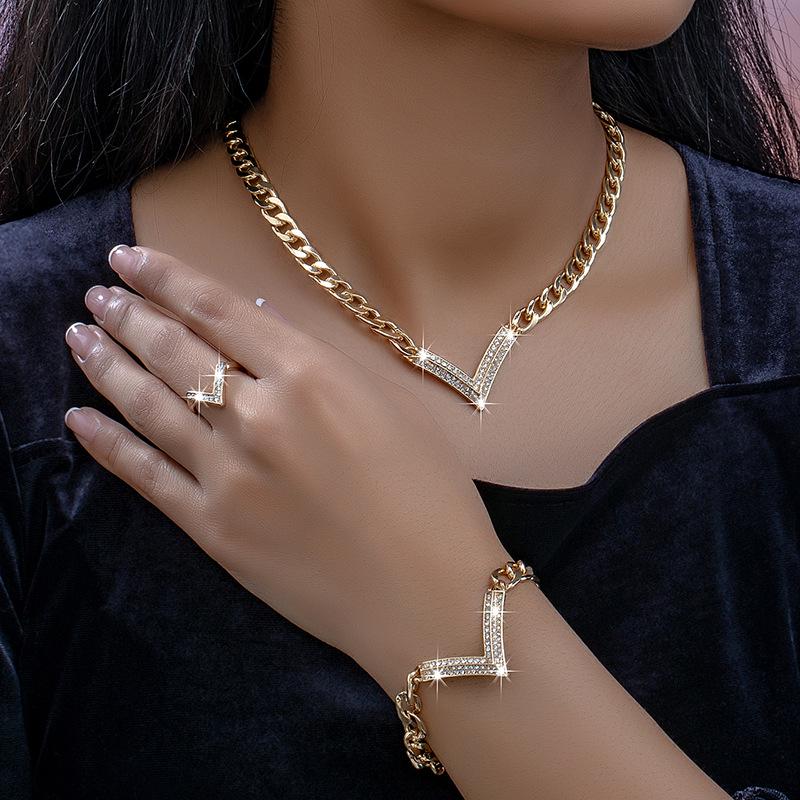

Geometric V-Shaped Necklace, Bracelet & Ring Set with Inlaid Diamonds - European & American Design