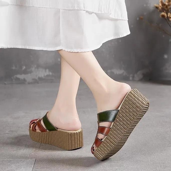 Fashion GKTINOO 2025 Wedge Slides Shoes Women Cover Toes High Heels Flower Sandals Summer Female Genuine Leather Platform Slippers