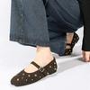 Fashion Cool Gold Rivets Design Ballet Flats Women Faux Suede Belt Metal Buckle Low Heel Women Shoes Non-slip Soft Sole Mary Jane Shoes