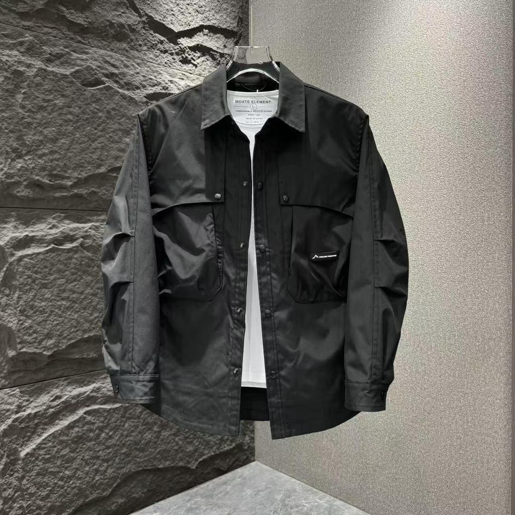 Nouveau Vêtement de Travail Fonctionnel Printemps Veste Chemise Mode Polyvalente Couleur Unie Veste à Revers Chemise Manches Longues Homme Tendance