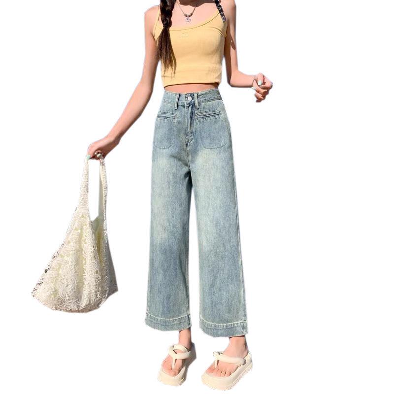 Plus Size Women's Loose High Waist Wide Leg Jeans with Front Patch Pockets