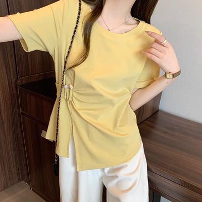 Front Shoulder Short-sleeved T-shirt Women's Summer New Large Size Fat MM Design Sense Chic Irregular Belly Covering Thin Top