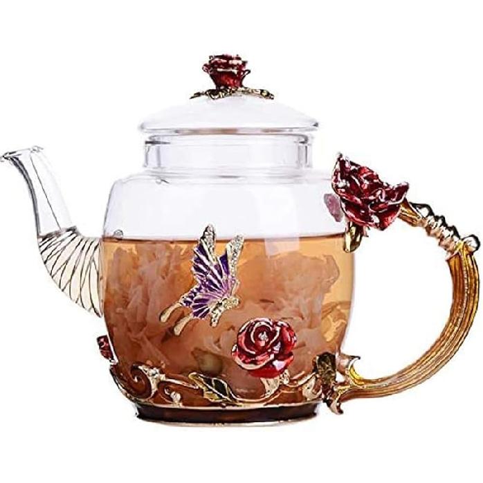 Creative Flower Glass Teapot Crystal Glass Teapot for Kung Fu Tea, Good Gift for Sister, Mom, Grandma, Teachers (Red Rose)