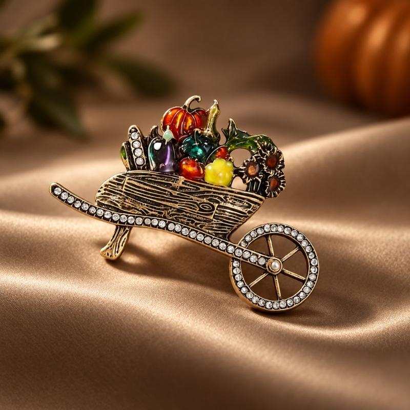 Harvest Wheelbarrow Brooch with Pumpkin and Vegetable Design, Antique-Look Alloy Pin with Raised Multicolor Details for Sweaters and Coats