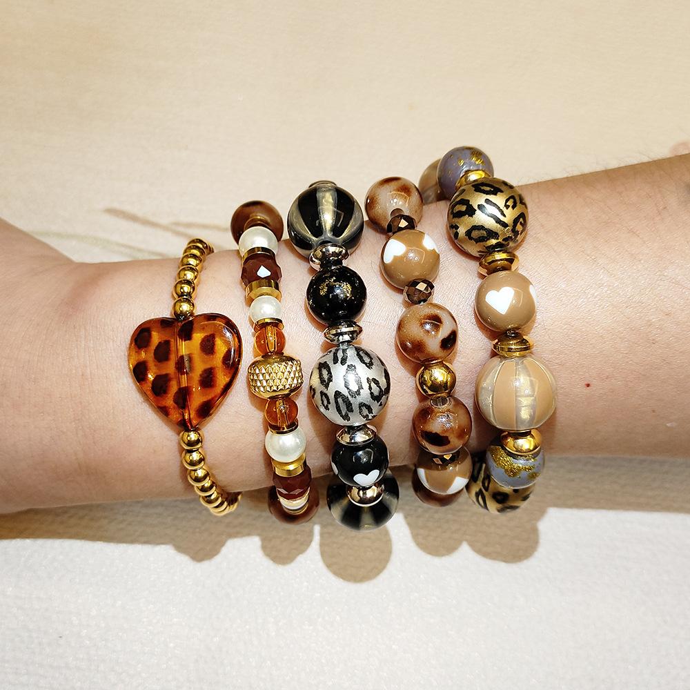 Hot Sale Amber Leopard Print Bead Stretch Bracelet Stainless Steel Waterproof Non-Fading Bracelet