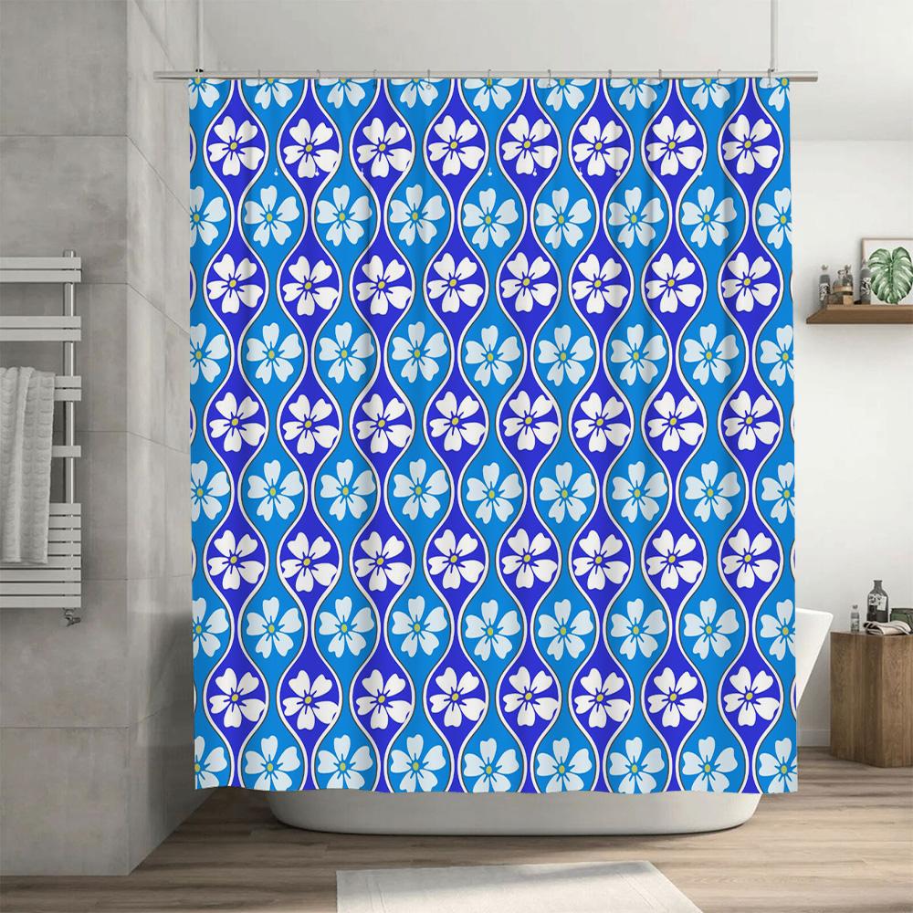 Blue and White Flower Pattern Shower Curtain Waterproof Bathroom Decor Modern Print 3D Fabric Bath Mat Rug Non-slip Microfiber T