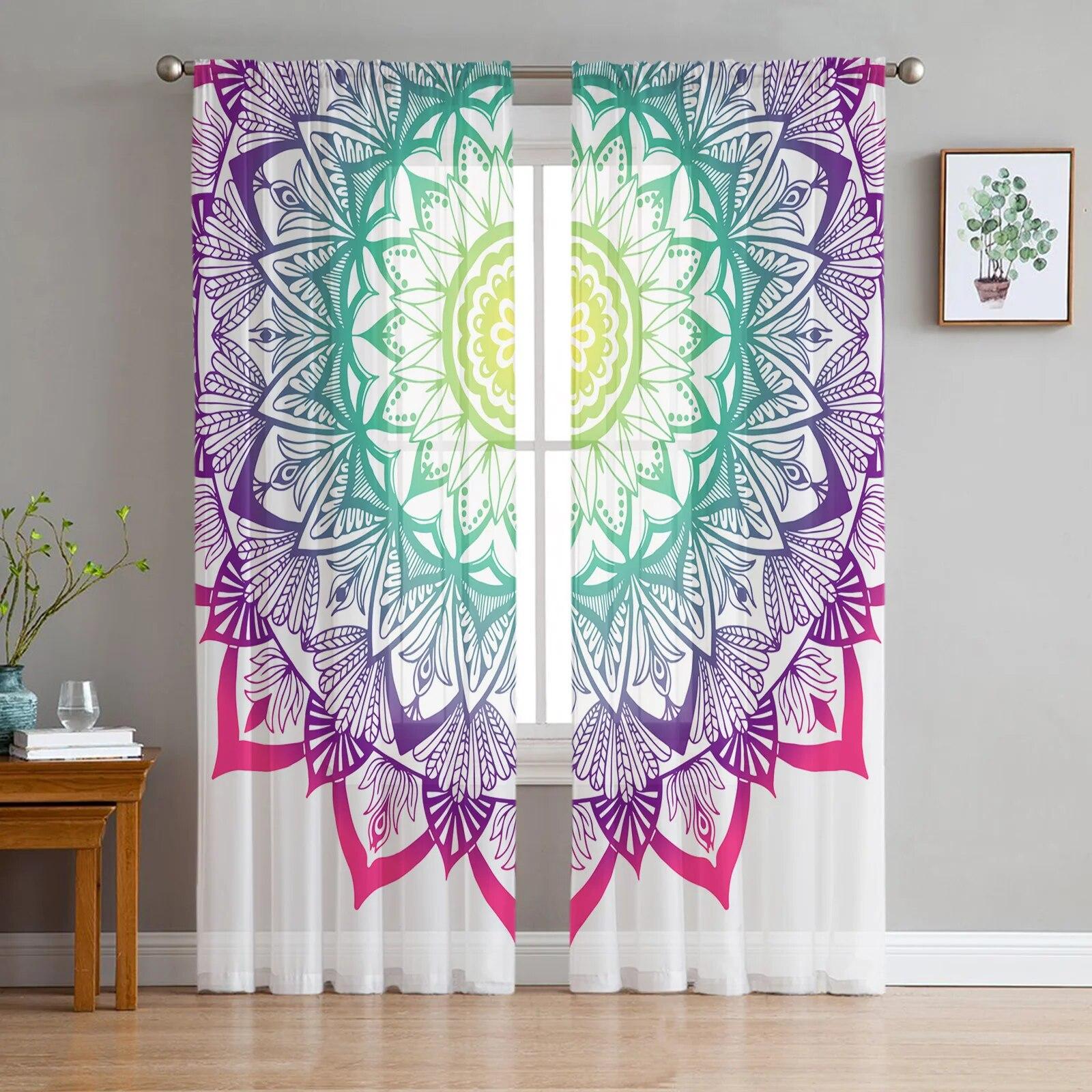 

Bohemian Retro Ethnic Tulle Curtains for Living Room Bedroom Modern Kitchen Sheer Voile Curtains 135W x 114H(cm)