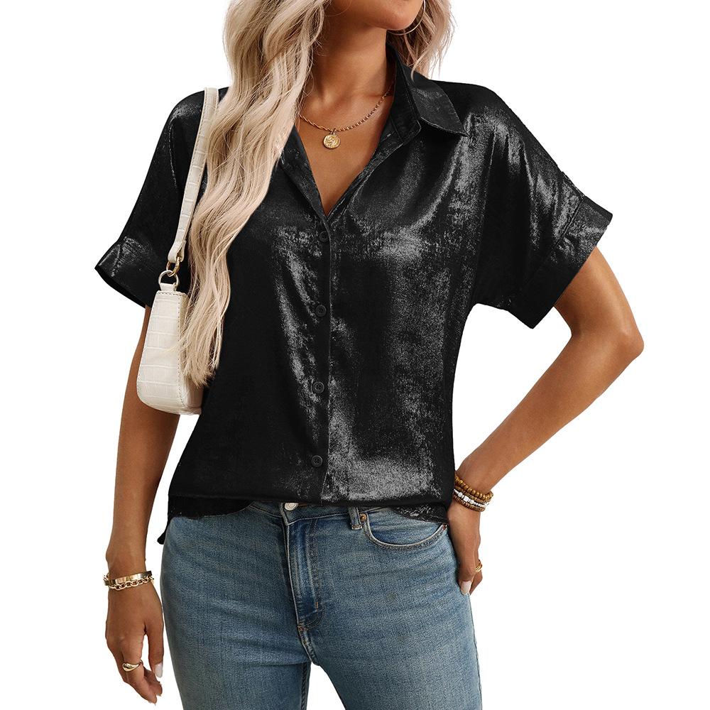 Women Lapel Short Sleeve Shirt Metallic Shiny Fabric Single Breasted Loose Vacation Casual Blouse