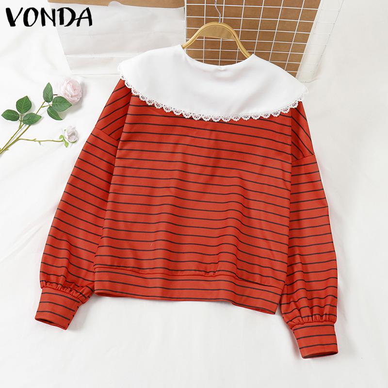VONDA Women Doll Collar Long Sleeve Striped Casual Loose Pullovers Blouse