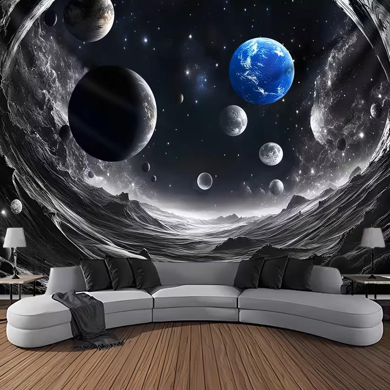 Weltraum Galaxie Wandteppich Schwarz Weiß Planet Erde Wanddekoration