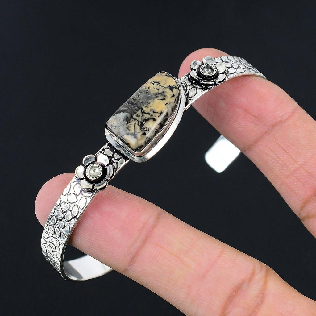 Natural Dendritic Tiger Gemstone Bangle Flower Adjustable 925 Silver For Women