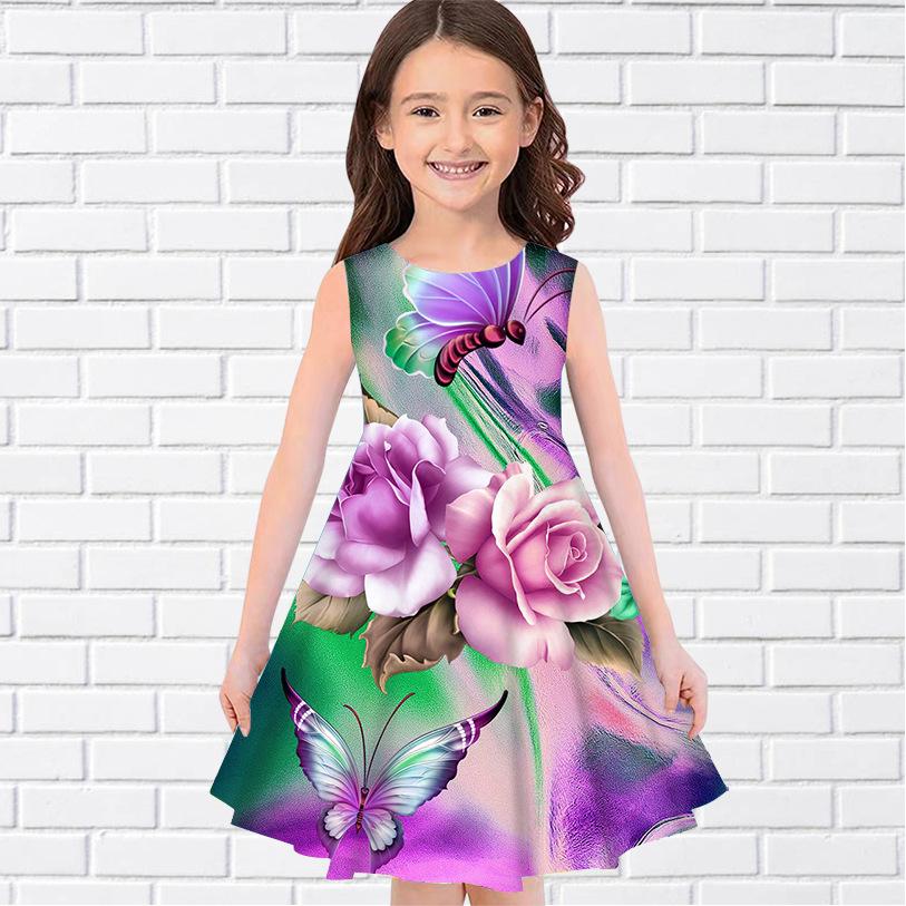 Girls Sleeveless Round Neck Vest Dress Stylish 3D Digital Print Pattern Summer Versatile Mini Children's Dress