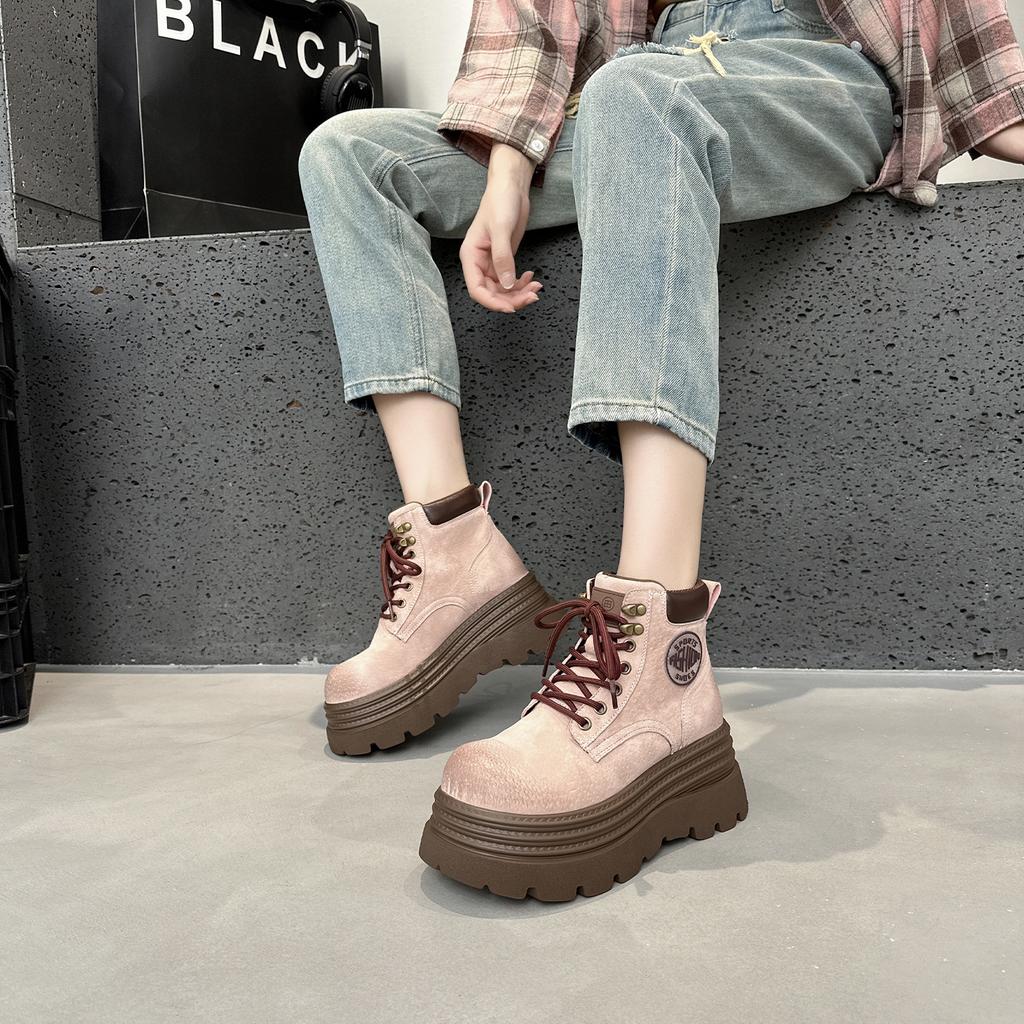 Leather platform Martin boots women's 2025 new autumn and winter retro British style big yellow boots short boots versatile lace-up single boots