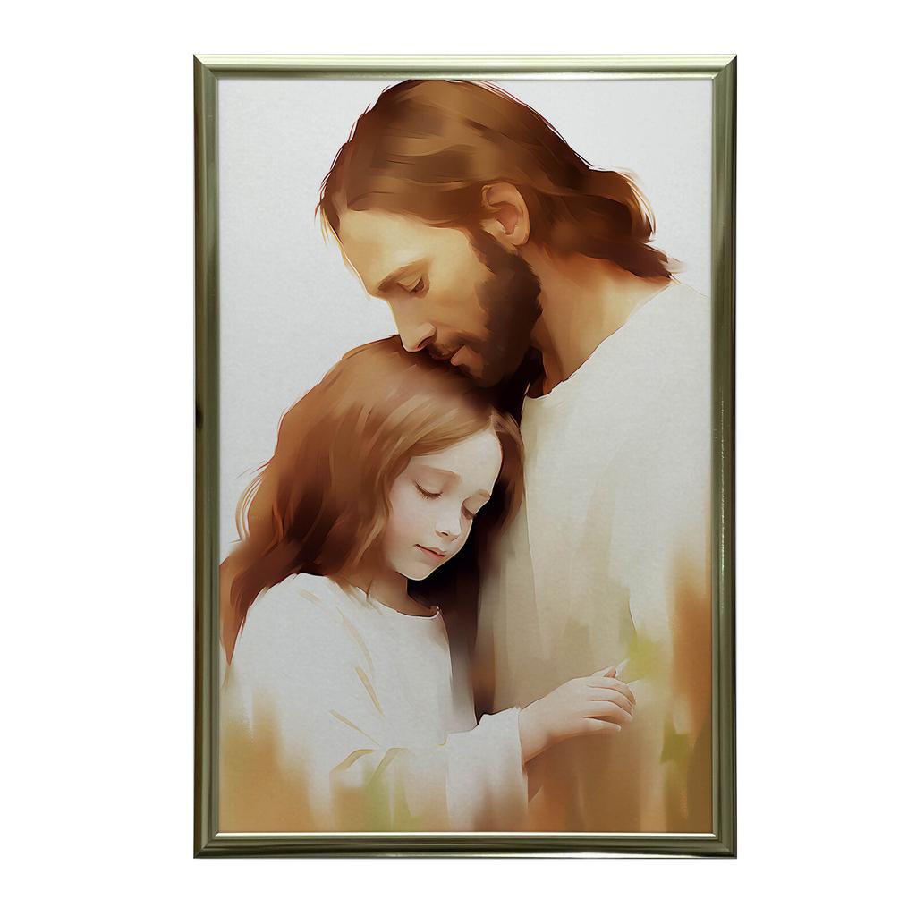 Objęcia Miłości - Jezus I Dziewczynka Objęcia Miłości - Jezus I Dziewczynka, 50X70 Cm, Rama Aluminiowa Czarna, Papier Matowy 230 Gsm