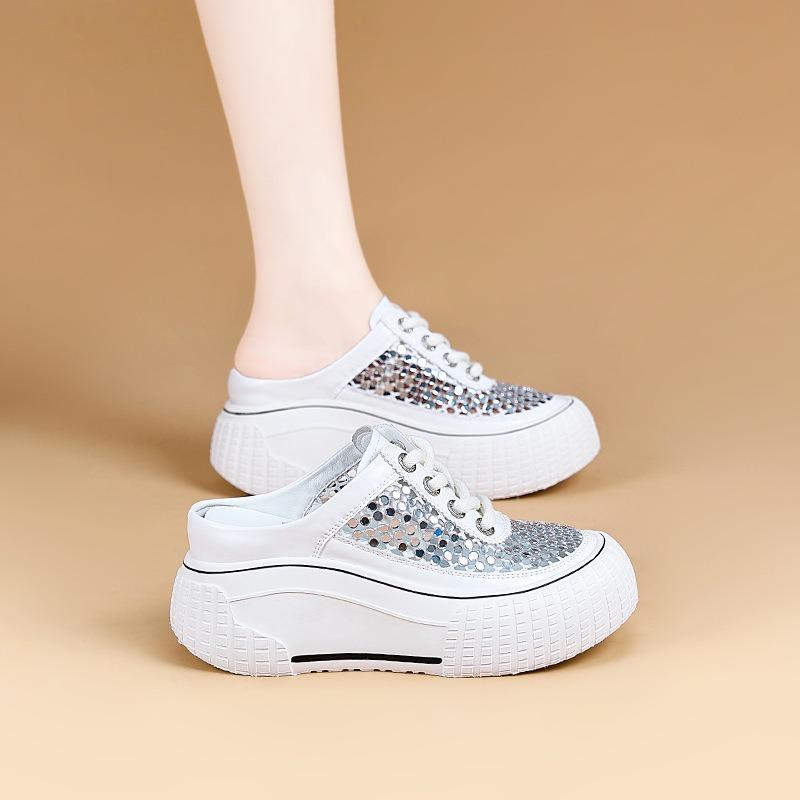 Summer rhinestone mesh breathable little white shoes women's popular mesh thick sole heightening muffin bottom casual half tray