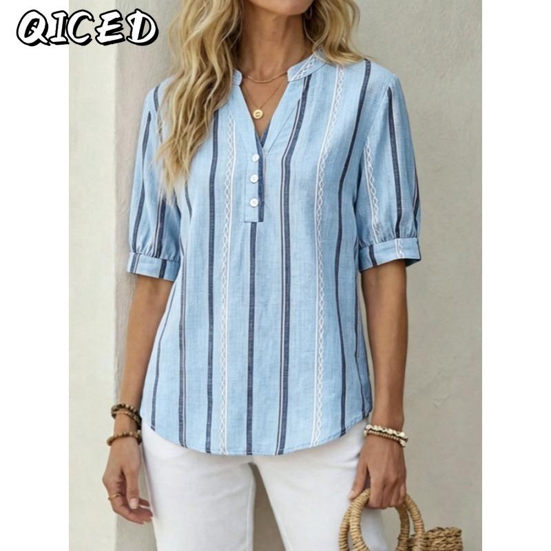 QICED Women's Fashion Casual Short Sleeve V-Neck Blouses & Shirts