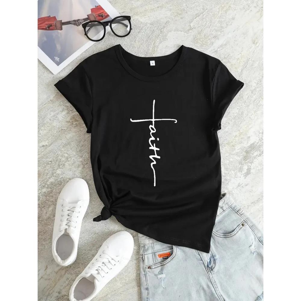 Faith Cross T-shirt Religion Design Print Women Aesthetic Clothes Devout Believer Tops Summer Tee Shirt