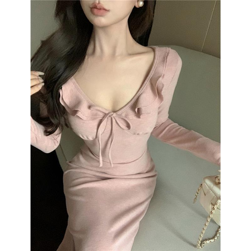 Ji lotus leaf edge strap long dress new hip wrap dress women's pink skirt