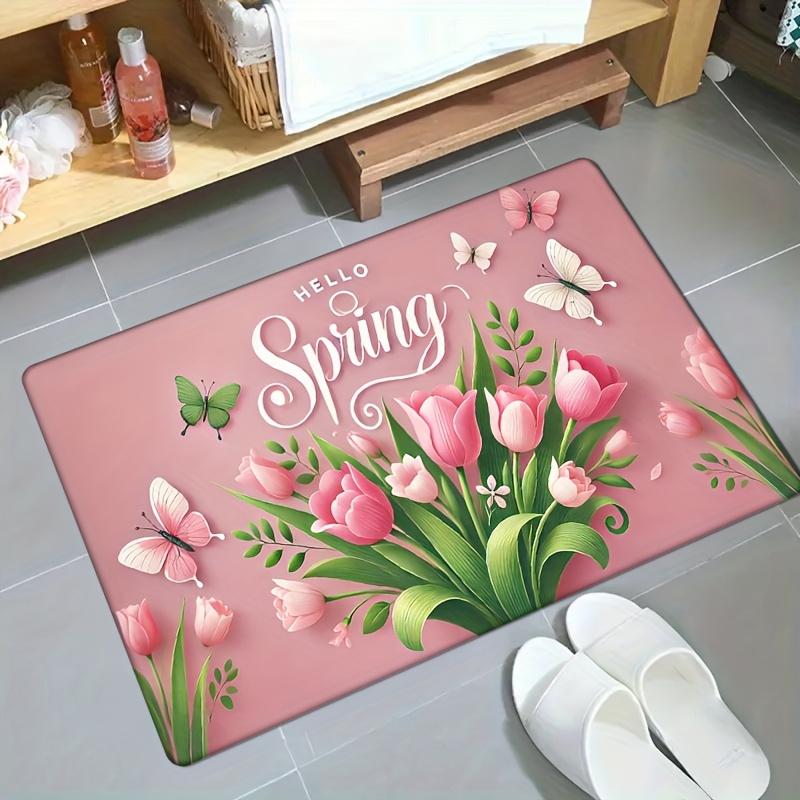 1Pcs Anti Fatigue Kitchen Rugs,  Pink Spring Tulip Print Waterproof Non-Slip Thick Cushioned Kitchen Mat Heavy Duty Comfort Standing Mat for Kitchen
