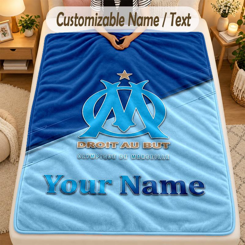 Flannel BlanketOlympique Marseille FC Custom Name Text Personalized Soft Warm Throw Blanket Home Decor Gift