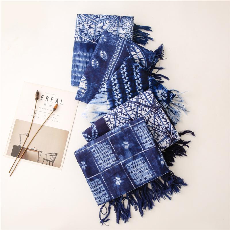Ethnic Tie-Dye Blue & White Cotton-Linen Scarf: Mori Girl Travel Shawl & Literary Accessory