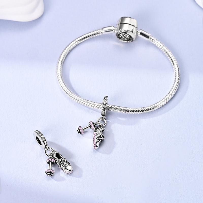 Zawieszki Plata Różowy Cyrkon Hantle Buty Sportowe Wisiorki Pasują do Oryginalnych Bransoletek Zawieszki Dla Kobiet Biżuteria DIY Tworzenie Prezentów