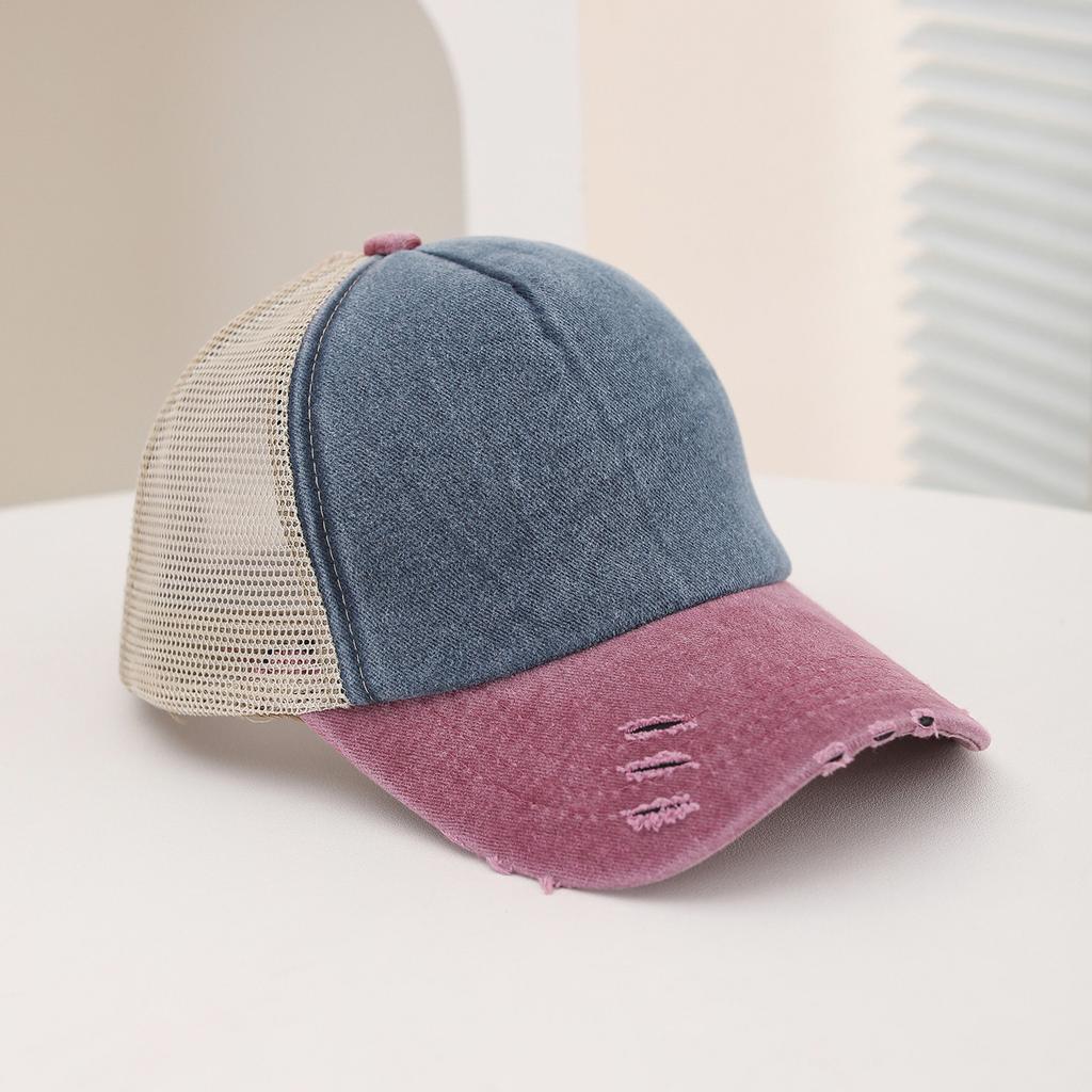 Fashionable Glossy Solid Color Washed Sponge Top Mesh Baseball Cap, Classic Perforated and Fringed Sunshade Baseball Cap