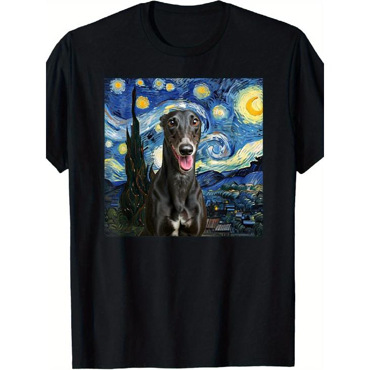 Men'S & Women'S Black Greyhound Starry Night T-Shirt - Van Gogh Inspired Dog Lover Gift, 100% Cotton Short Sleeve Tee with Iconic Art & Greyhound