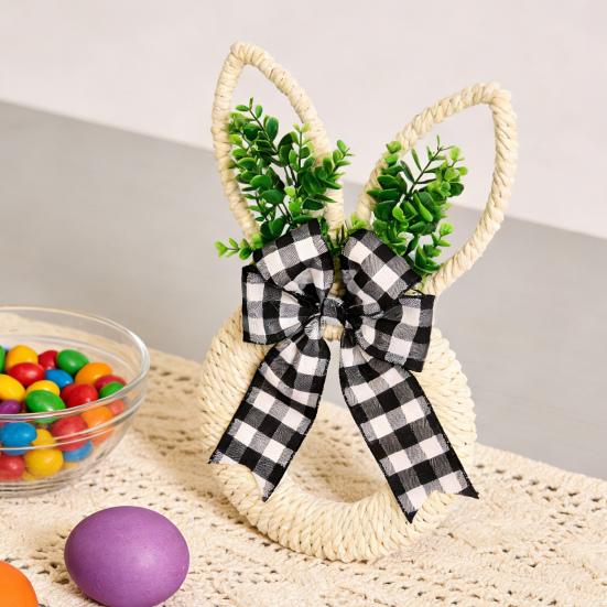 Osterhasenkranz Hanfseil Frühlingshasenkranz mit Schleife Oster-Türhänger für Bauernhaus Veranda Tür Wand Fensterdeko
