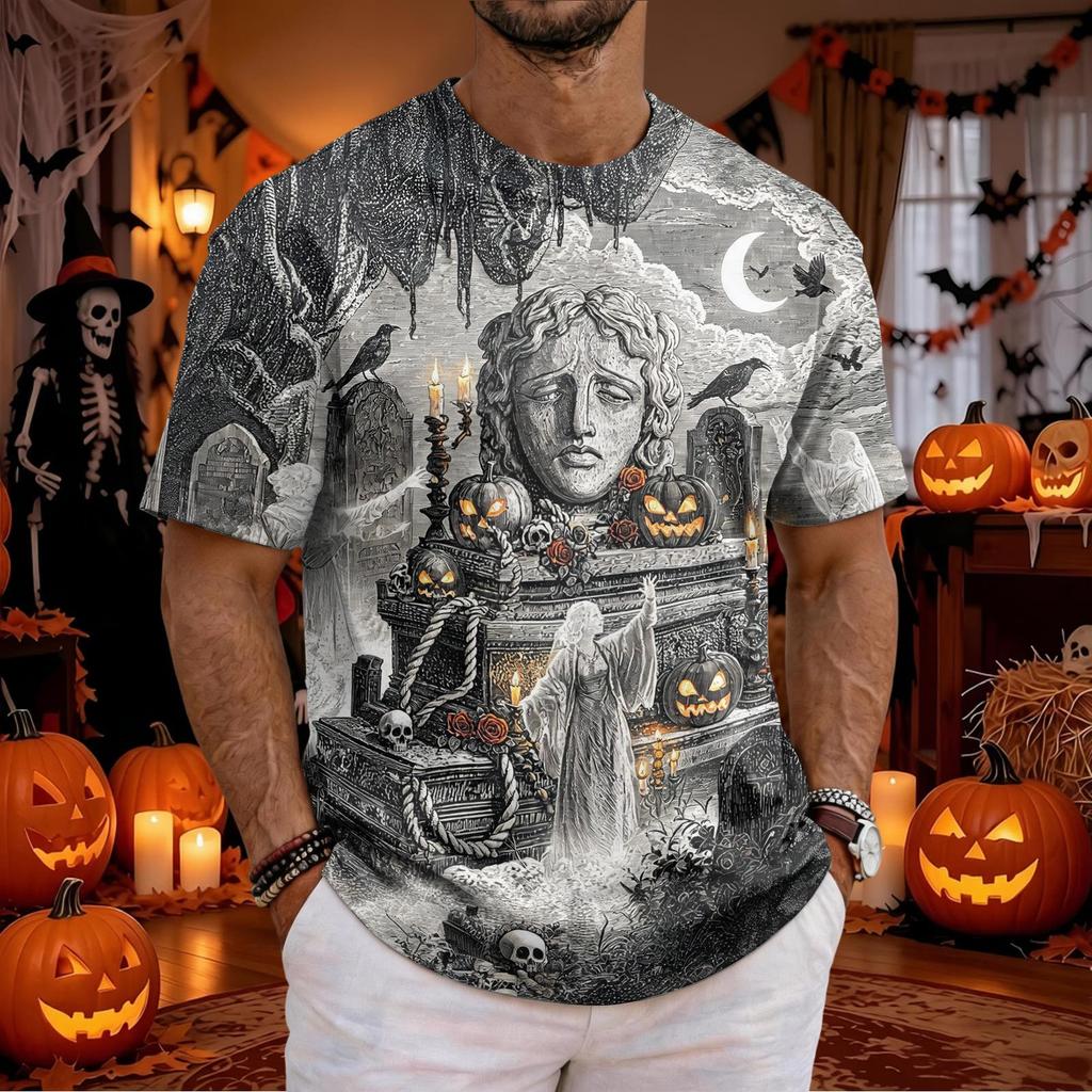 Men's Halloween Neck Short Sleeve T-Shirt with Graphic Print for Costume Party