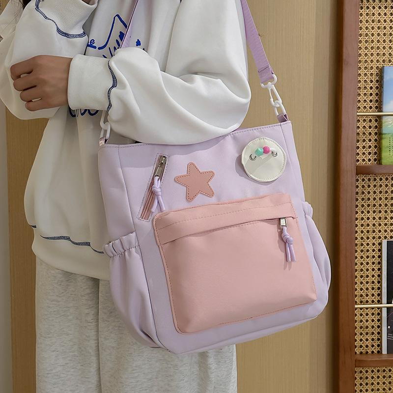 College Style Contrasting Colors Commuter Shoulder Bag Large-capacity Portable Tote Bag Cute Little Fresh Student Class Tutoring Bag