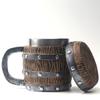 Stainless Steel Liner Wooden Barrel Shape with Lid Mug, Oak Texture Rivet Decorative Beer Mug,
