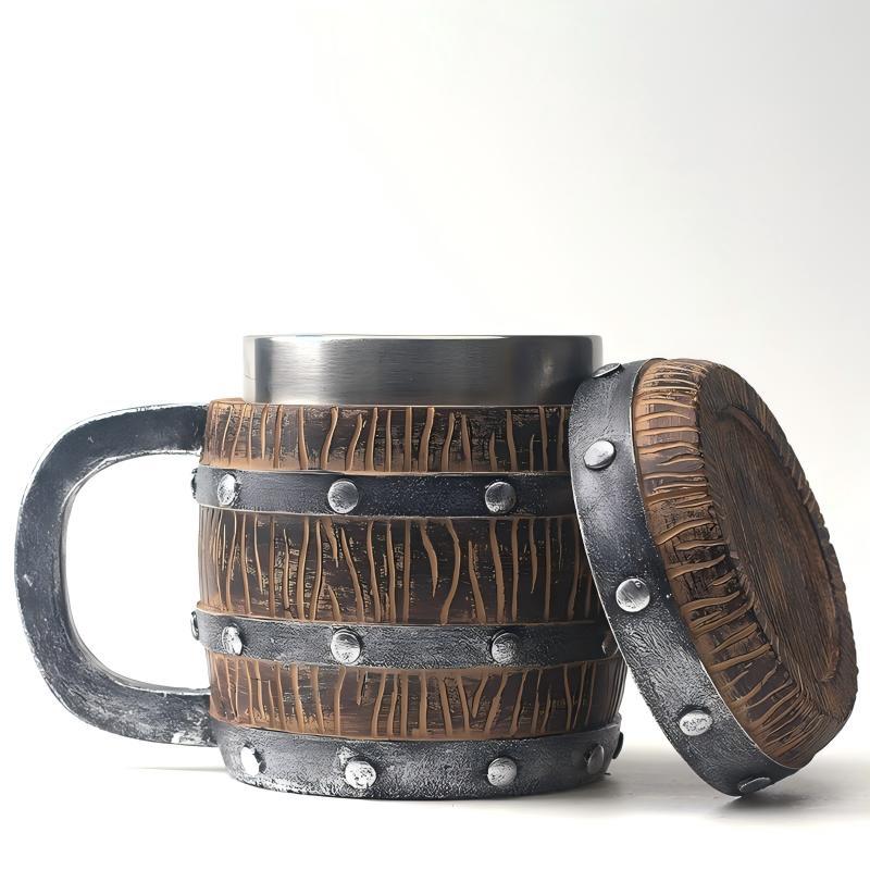 

Кружка в форме деревянной бочки с крышкой, внутренняя часть из нержавеющей стали, декоративная пивная кружка с заклепками, текстура дуба, 430ml