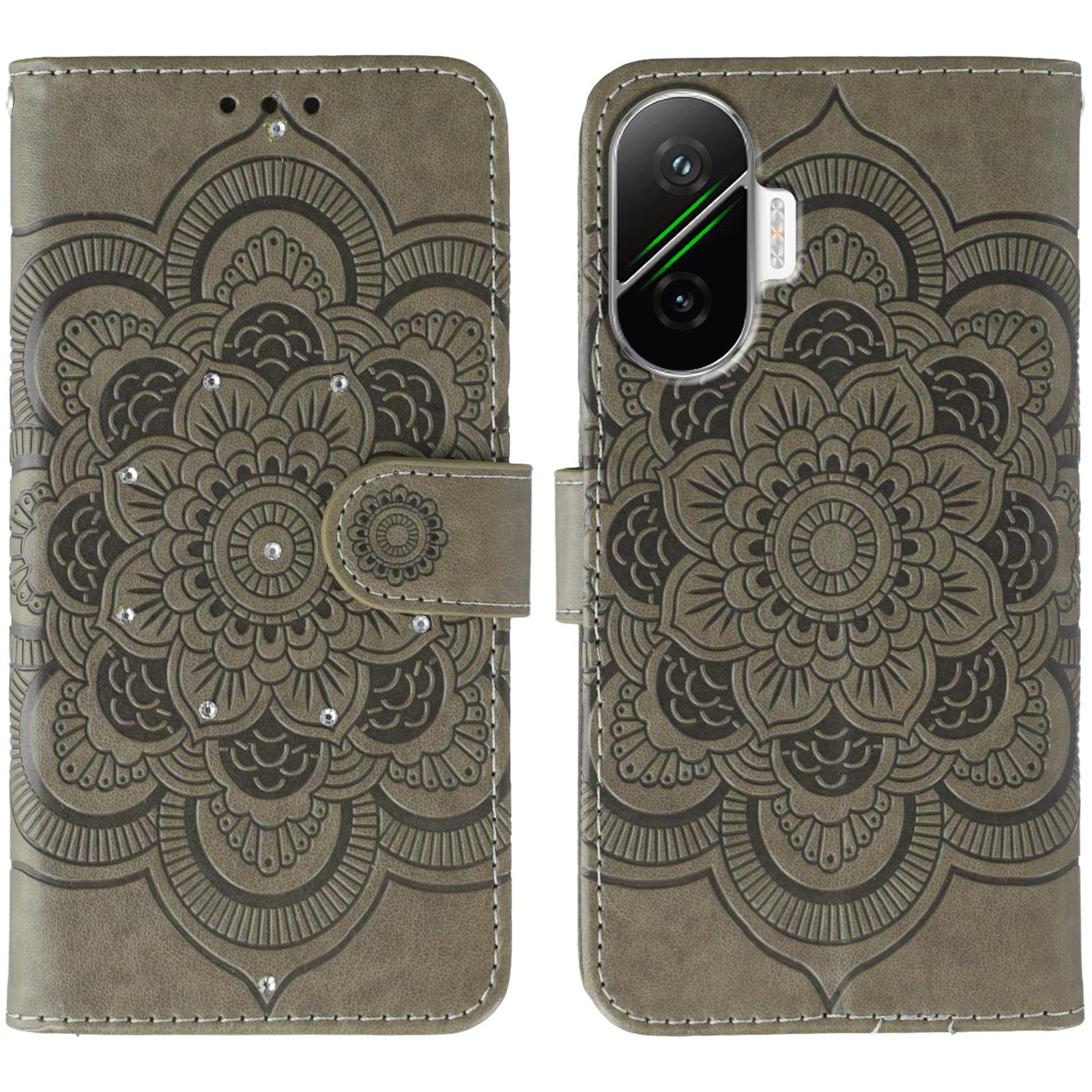 

For Xiaomi Poco F7 5G/Redmi Turbo 4 Pro 5G Case Rhinestone Decor PU Leather Mandala Imprinted Design Phone Cover with Wrist Strap Grey