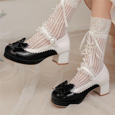 Fashion Woman Med Heel Lolita Shoes Patent Leather Patchwork Cute Bow Mary Jane Pumps Bride Wedding Cosplay Party Pink Black Size 31-48