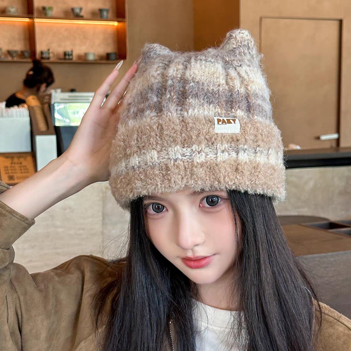 

Милая вязаная шапка с кошачьими ушками для женщин, зимняя, в корейском стиле, утолщенная, теплая, защищающая уши, шерстяная шапка, закрывающая маленькое лицо, шапка от холода 56-62CM