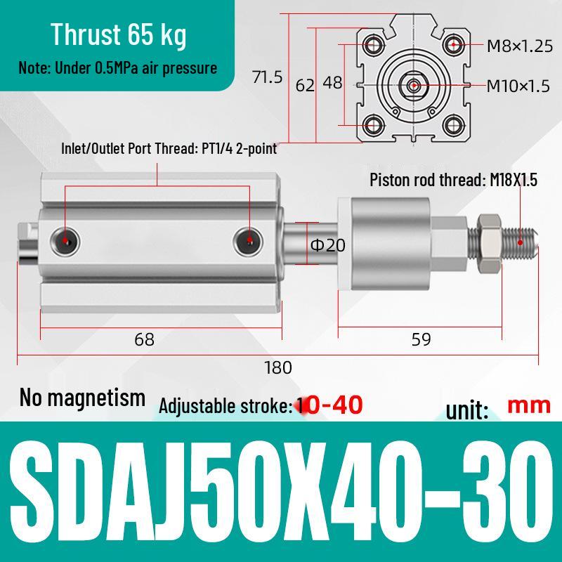 Adjustable Stroke Pneumatic Thin Cylinder - Piston Rod Sizes: 16/20/25/32/40/63