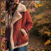 Women's Faux Shearling Jacket with Plush Collar and Cuffs, Brown Red Zip-Up Outerwear