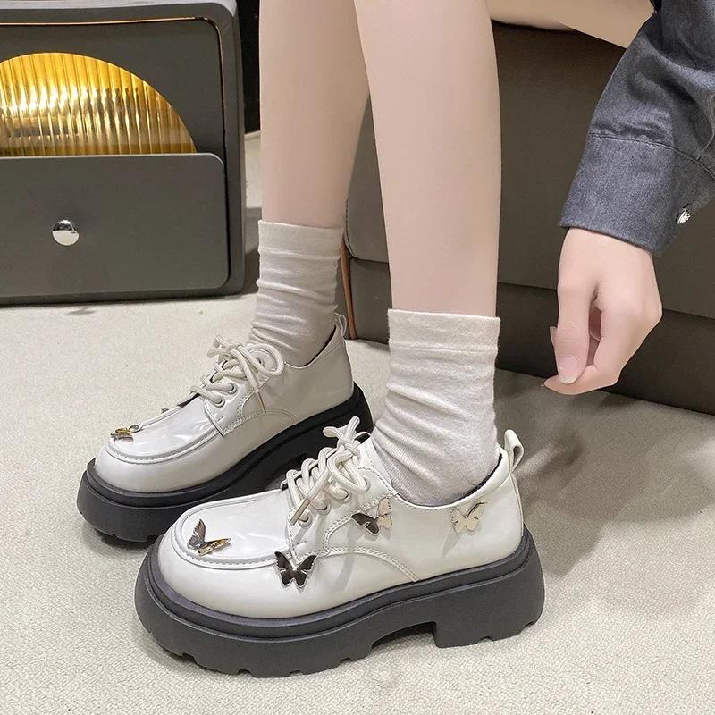 Patent Leather Thick Bottom Sponge Jk Small Leather Shoes Metal Butterfly Single Shoes Increased Height Popular Women's