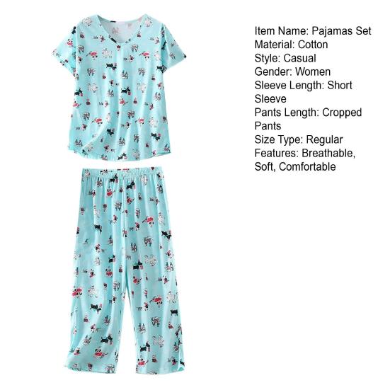 Women Cotton Pajama Set Short Sleeve Top with Capris Pants Sleepwear Set Summer Casual 2 Piece Lounge Set